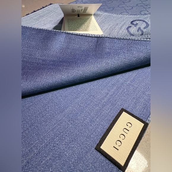 Gucci Accessories - **SOLD** Authentic GUCCI light Blue & Periwinkle Wool And Silk Logo Scarf NWT
